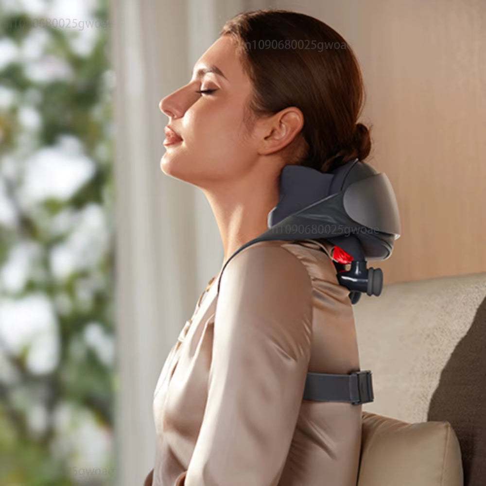 Woman using ergonomic neck shoulder massager with heat for deep tissue pain relief and muscle relaxation