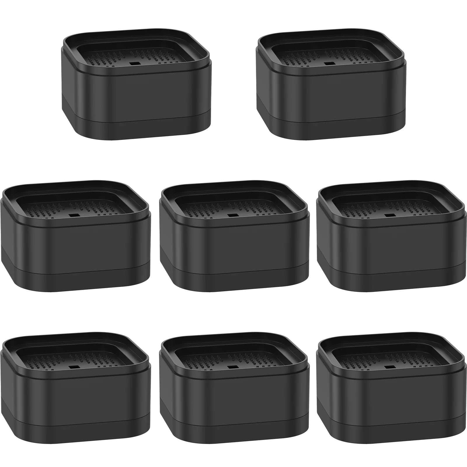 Set of black heavy-duty plastic furniture risers for bed, chair, and table height adjustment with non-slip base.