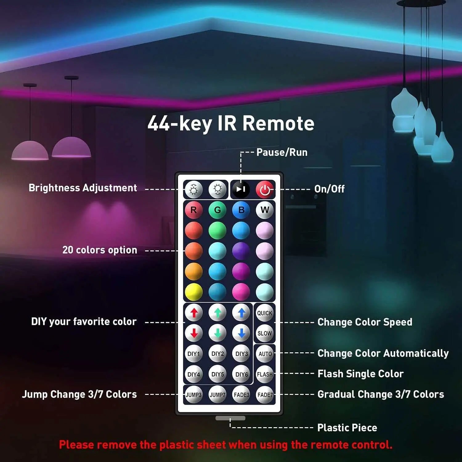 IP65 LED Strip Lights Waterproof, 49.2Ft RGB LED Light Strips Color Changing 5050 LED Tape Lights with 44-Key Remote Controller and 24V Power Supply for Living Room Kitchen Home Decoration