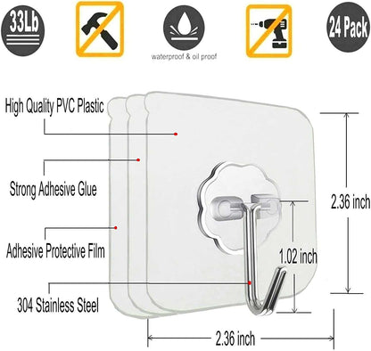 24 Pack Heavy Duty Self Adhesive Hooks - 33Lb Max, Transparent, Waterproof, Sticky Wall Hooks for Keys, Bathroom, Shower, Outdoor, Kitchen, Door, Home Improvement, Utility