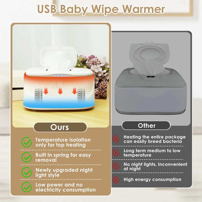 USB Baby Wipe Warmer LED Light Keep Warm Box Adjustable Temperature Heating Diaper Dispenser Portable Large Capacity