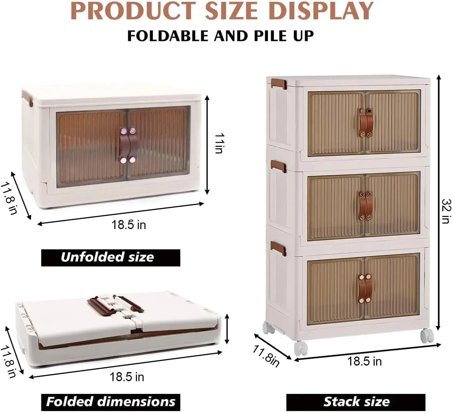 3-Tier Foldable Storage Box with Wheels, Stackable Collapsible Storage Box Portable Organizer Versatile Closet for Home/Office