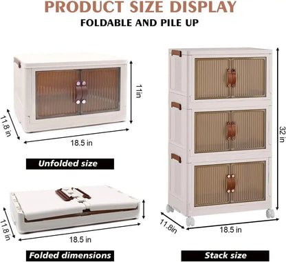 3-Tier Foldable Storage Box with Wheels, Stackable Collapsible Storage Box Portable Organizer Versatile Closet for Home/Office