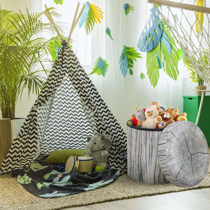 Foldable Storage Ottoman with Lid – Collapsible Footstool, Toy Box, Storage Chest, Hassock – Tree Stump Design (Grey)