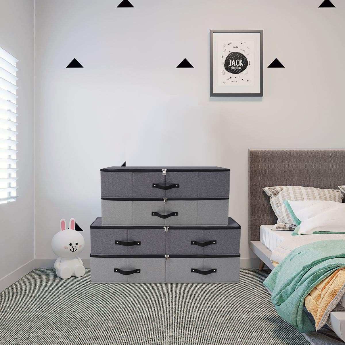 Foldable Fabric Sturdy under Bed Storage Box with 6 Handles, Zipper Lid, Blankets Clothes Comforters Storage Bin Organizer for Bedroom and Closet, 35X 16.5 X 7Inch, Black Grey