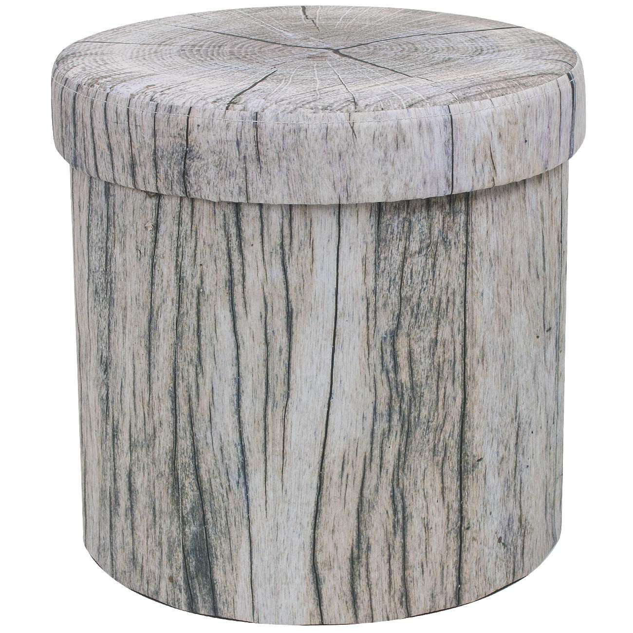 Foldable storage ottoman with tree stump design and lid for concealed storage and seating