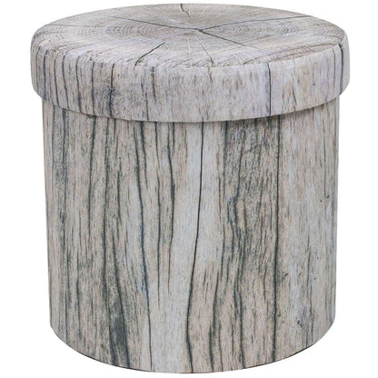 Foldable storage ottoman with tree stump design and lid for concealed storage and seating