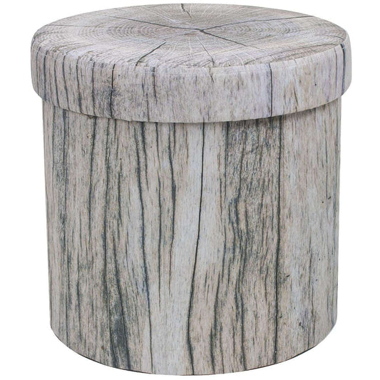 Foldable storage ottoman with tree stump design and lid for concealed storage and seating