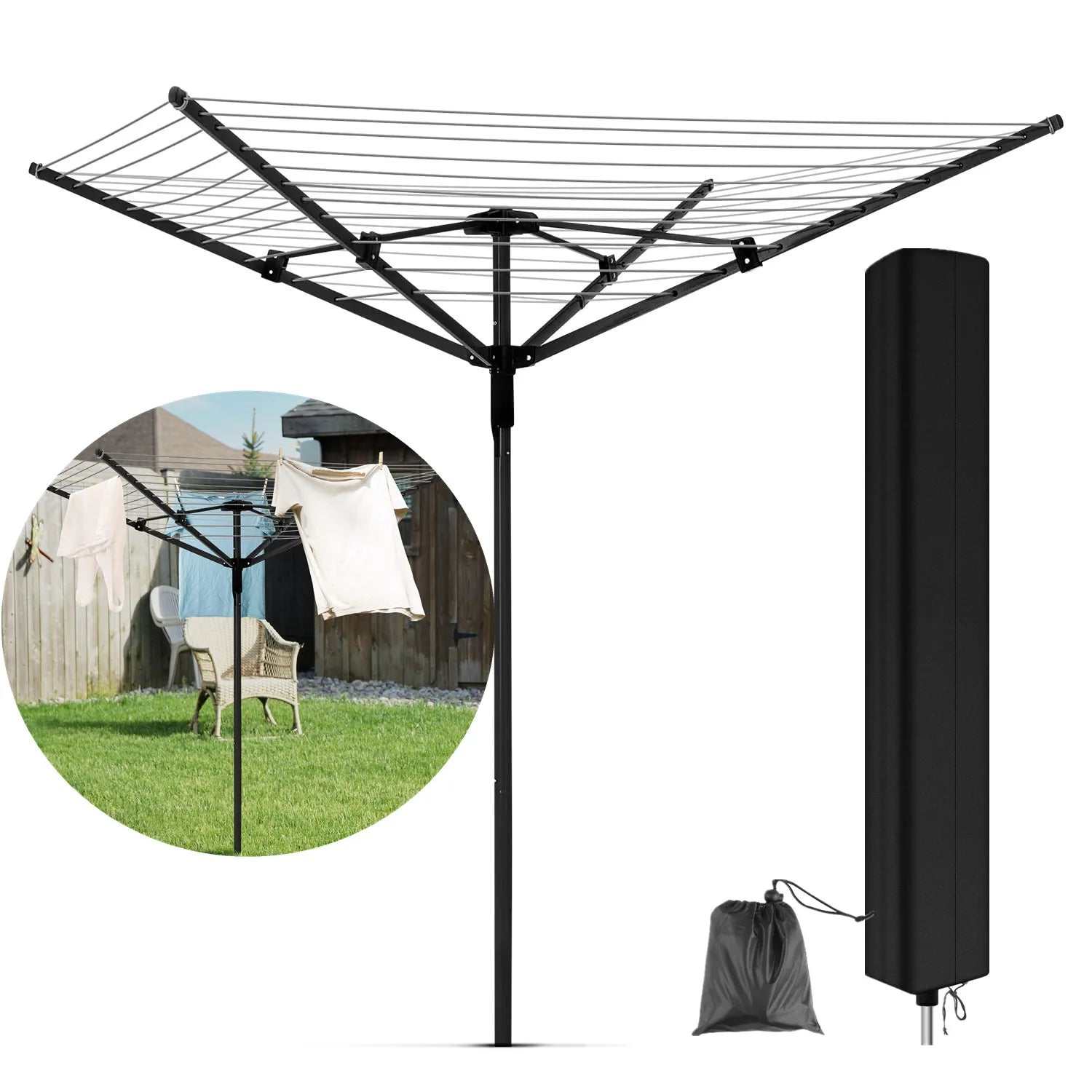 Waterproof rotary outdoor umbrella clothes drying rack cover with zipper and tear-resistant fabric, foldable protection for weather resistance.