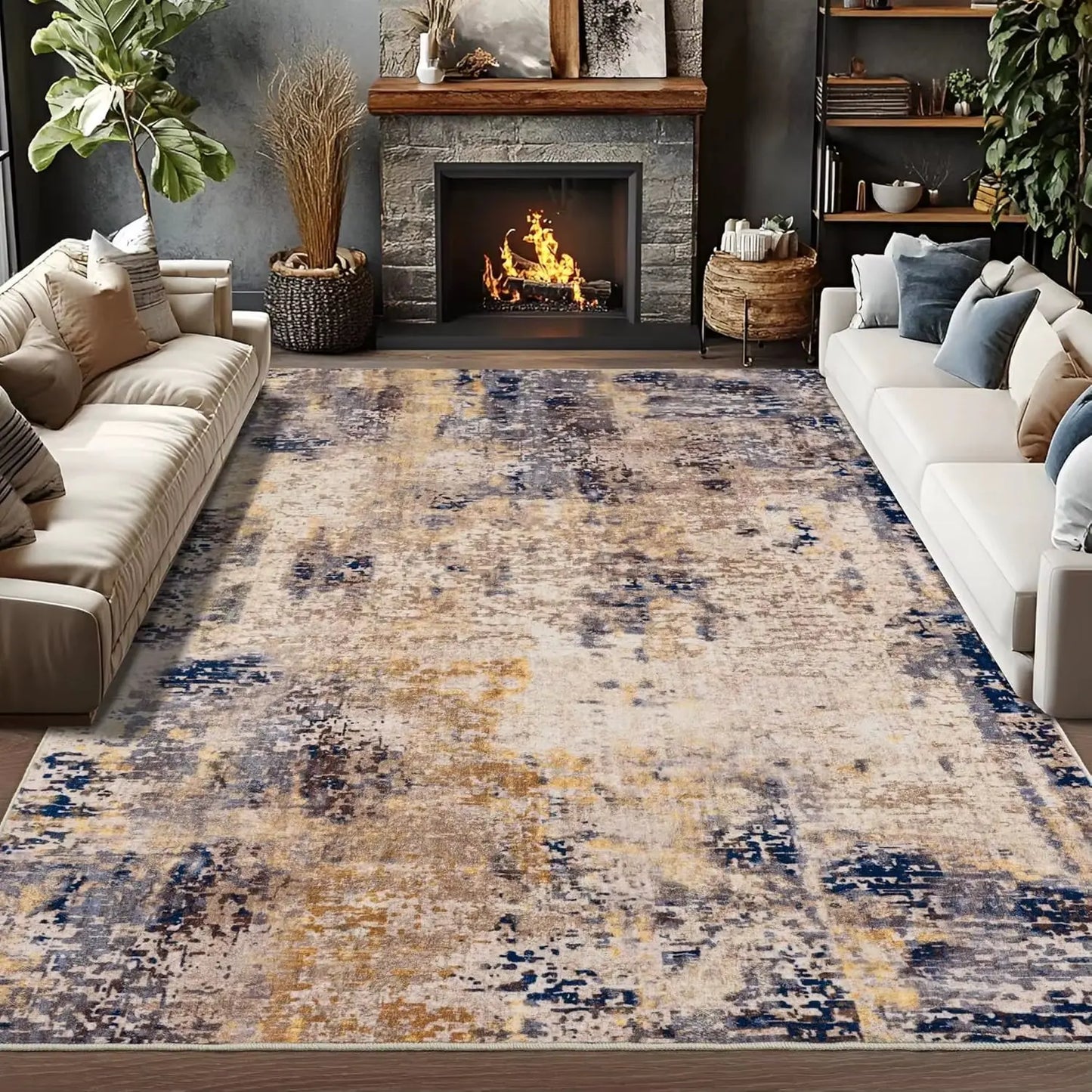 Living Room Area Rugs Soft Large Modern Abstract Area Rug, Boho Vintage Machine Washable Non Slip Carpet , Low Pile Rugs