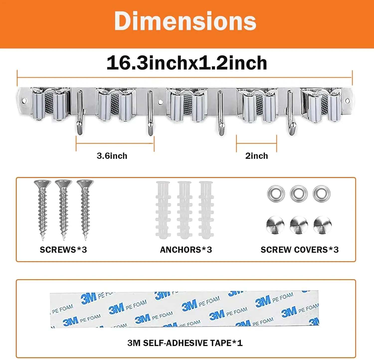 Stainless steel broom holder wall mount with 5 racks, 4 hooks, screws, anchors, and adhesive tape for heavy-duty broom and mop storage.