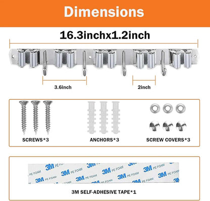Stainless steel broom holder wall mount with 5 racks, 4 hooks, screws, anchors, and adhesive tape for heavy-duty broom and mop storage.