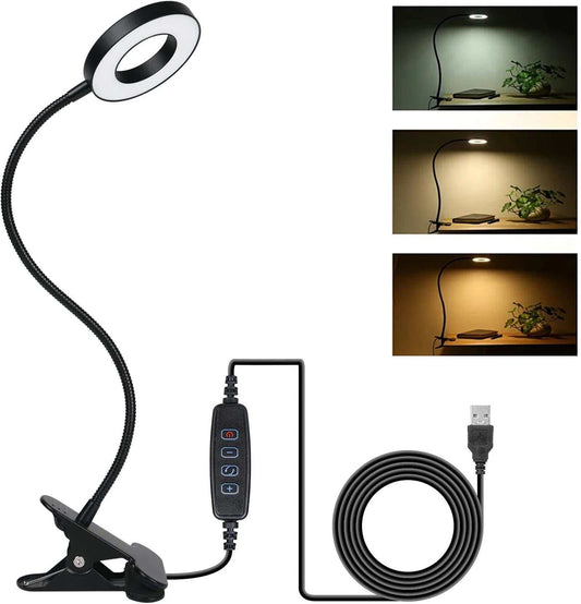 USB powered clip on light with flexible gooseneck, 48 LED, 3 color modes, 10 brightness levels, eye protection, and memory function.