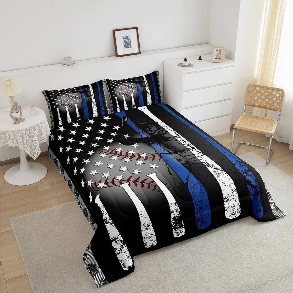 Baseball Bedding Set Twin,Grunge Style Baseball Bat Basketball Softball Comforter Set Bedroom Decor,American Flag Stars Quilted Duvet,Ball Sports Game down Comforter Warm,White Blue