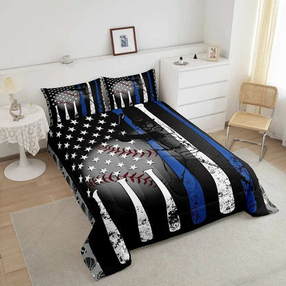 Baseball Bedding Set Twin,Grunge Style Baseball Bat Basketball Softball Comforter Set Bedroom Decor,American Flag Stars Quilted Duvet,Ball Sports Game down Comforter Warm,White Blue