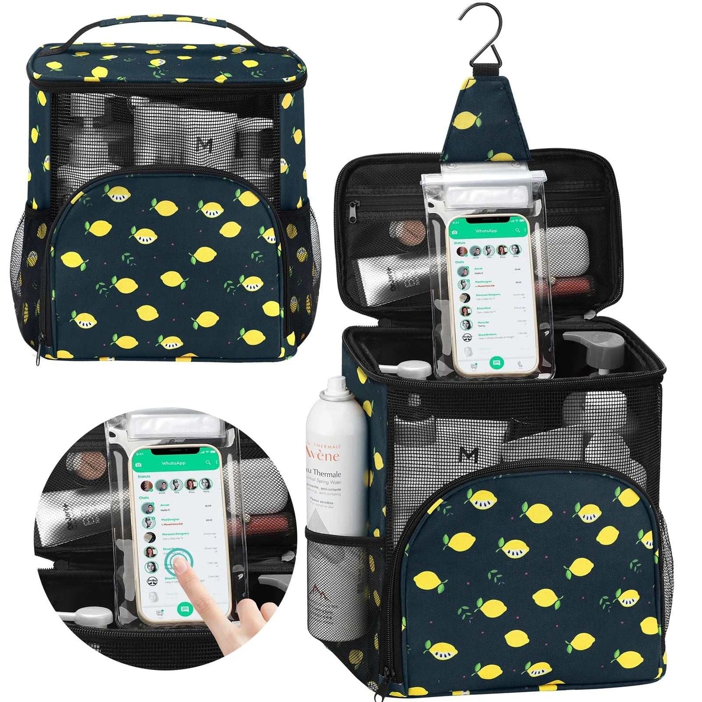 Compact shower caddy for college dorm with water-resistant fabric, phone pouch, multiple compartments, and hanging hook, featuring a lemon print design