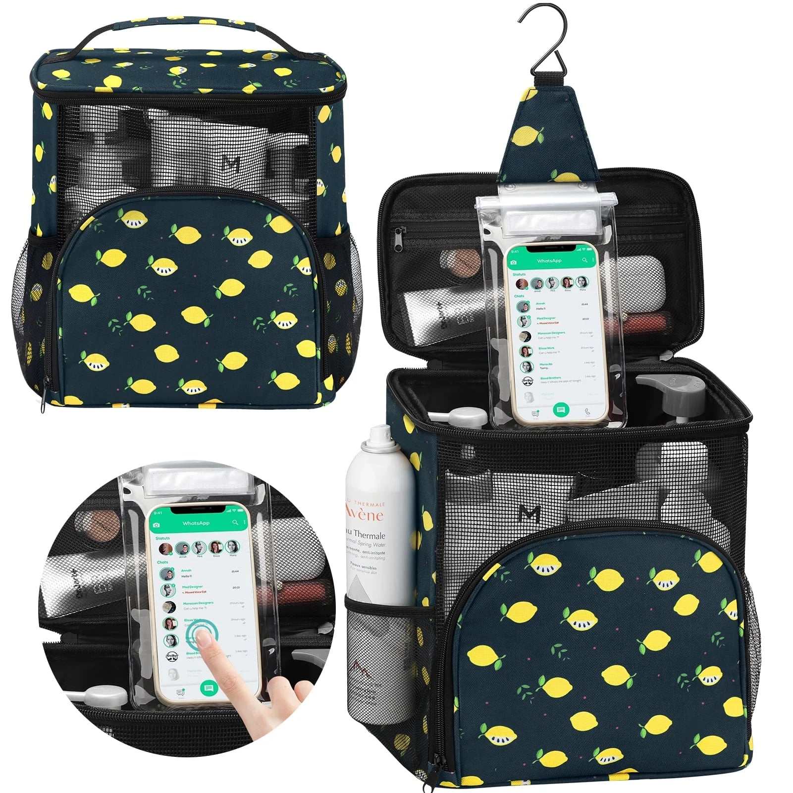 Compact shower caddy for college dorm with water-resistant fabric, phone pouch, multiple compartments, and hanging hook, featuring a lemon print design