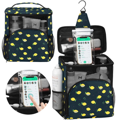 Compact shower caddy for college dorm with water-resistant fabric, phone pouch, multiple compartments, and hanging hook, featuring a lemon print design