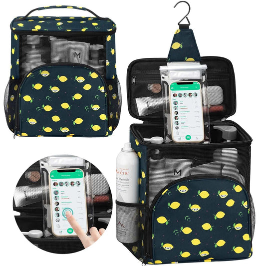 Compact shower caddy for college dorm with water-resistant fabric, phone pouch, multiple compartments, and hanging hook, featuring a lemon print design