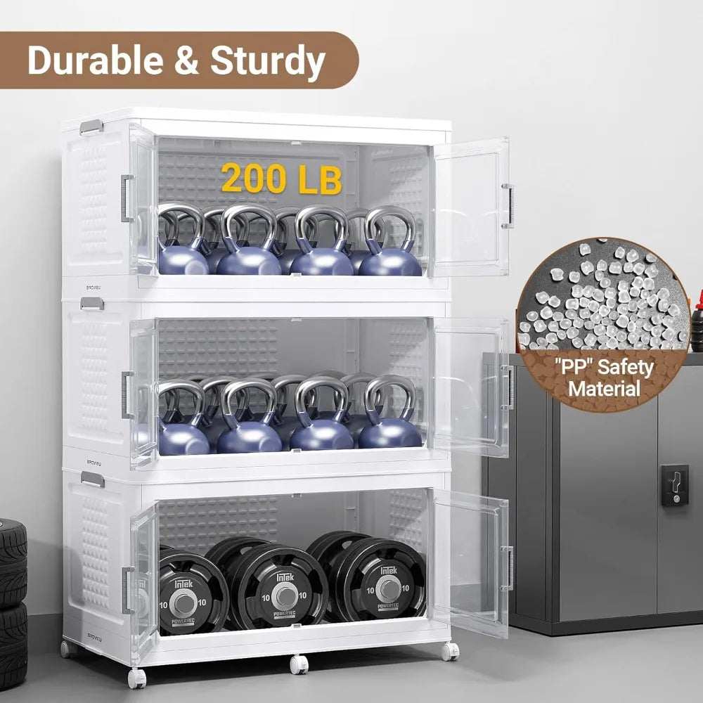 Stackable 200Qt plastic storage bins with clear doors, dividers, and wheels for heavy-duty organization and easy access.