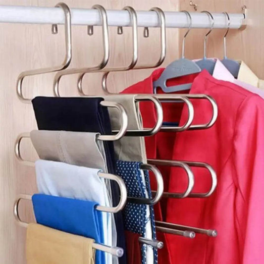 Stainless steel 5-layer S-shaped multi-functional clothes hanger with pants and scarf storage, space-saving design