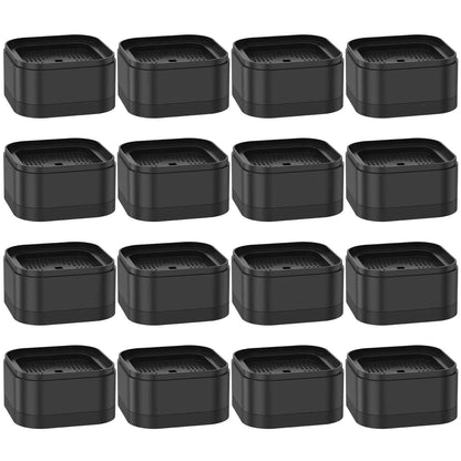 Set of 16 black heavy-duty plastic furniture risers for bed, chair, and table height adjustment with non-slip design and stackable feature.