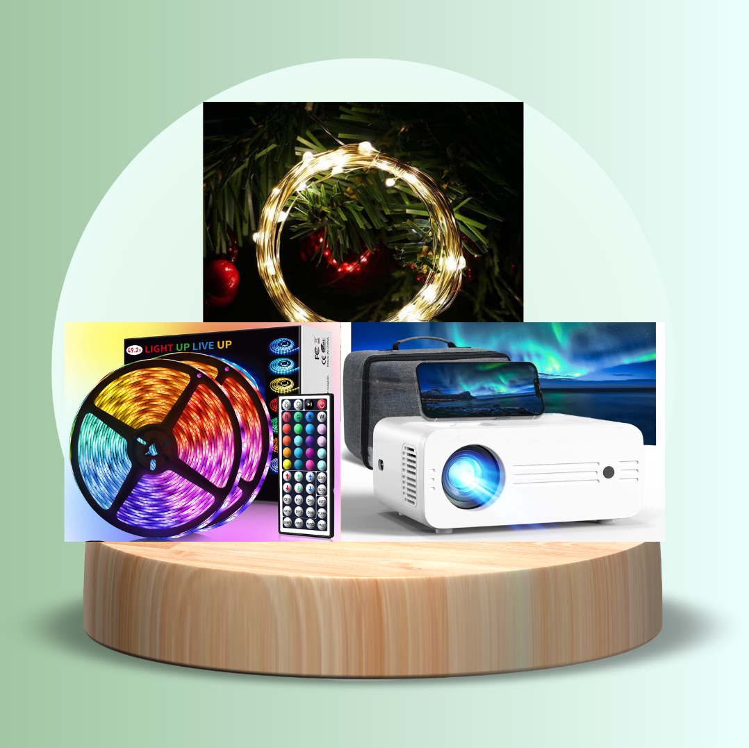 Room Glow Bundle with LED strip lights, remote control, fairy lights, and mini projector for ambient lighting and mood setting in any room.