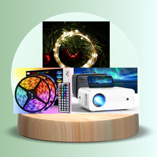 Room Glow Bundle with LED strip lights, remote control, fairy lights, and mini projector for ambient lighting and mood setting in any room.