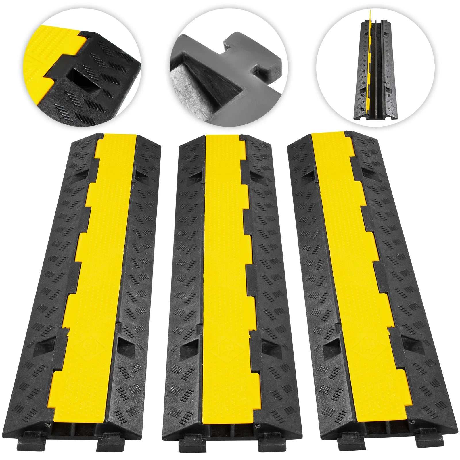 Heavy-duty black and yellow cable protector ramp with modular interlocking design and dual channels for traffic and wire safety.