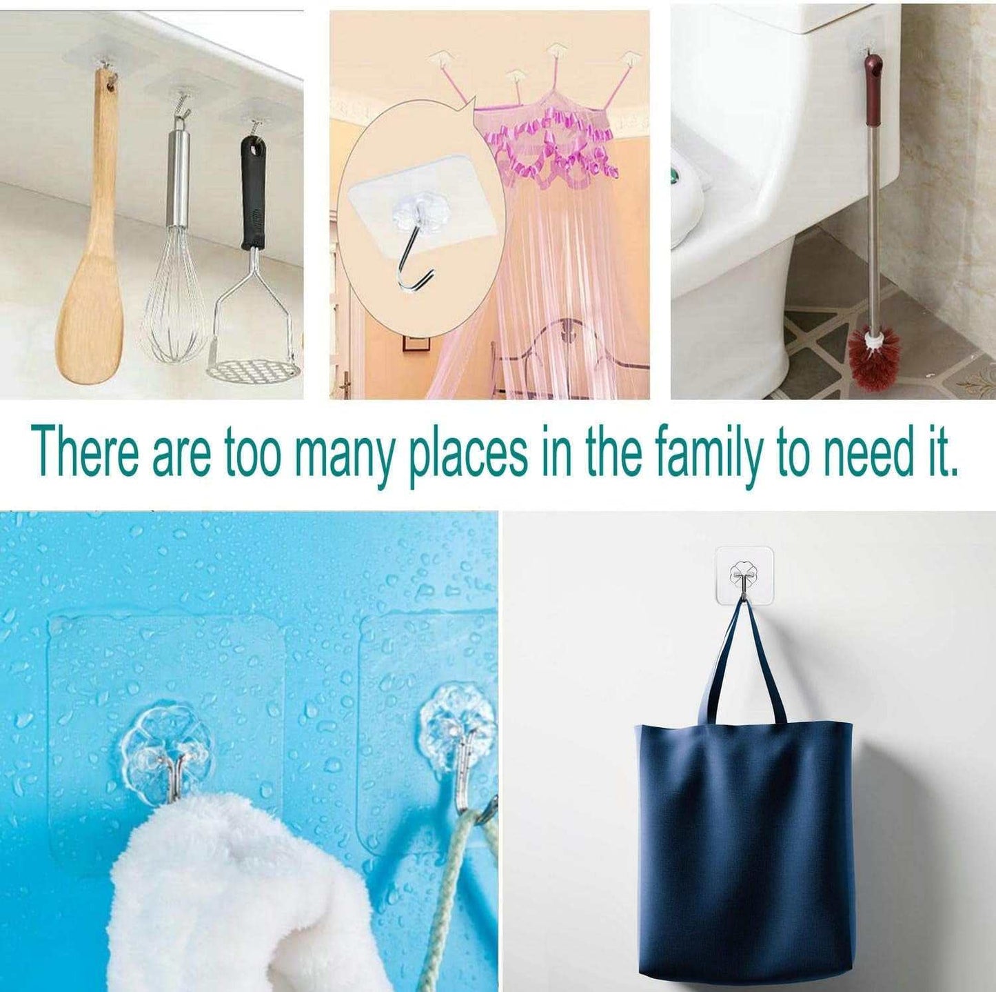 24 Pack Heavy Duty Self Adhesive Hooks - 33Lb Max, Transparent, Waterproof, Sticky Wall Hooks for Keys, Bathroom, Shower, Outdoor, Kitchen, Door, Home Improvement, Utility