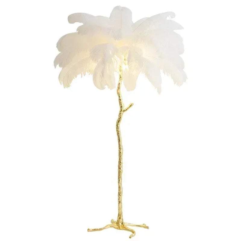 Nordic LED floor lamp with white ostrich feather shade and gold maple leaf textured copper stand for modern living room decor