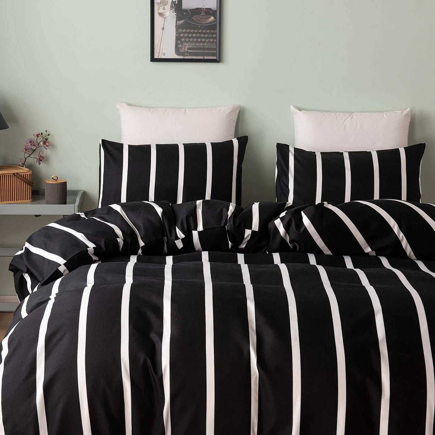 Black and White Striped Comforter Set Twin Microfiber Duvet Cover Set 68"X 90"With 1 Duvet Cover and 1 Pillow Sham Soft Lightweight 2 Pieces Bedding Set