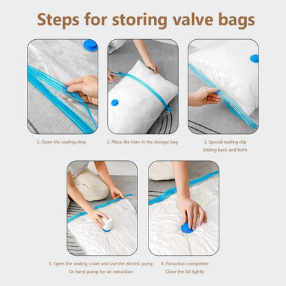Vacuum compression storage bags with zipper seal and hand pump for space-saving protection of clothes and bedding