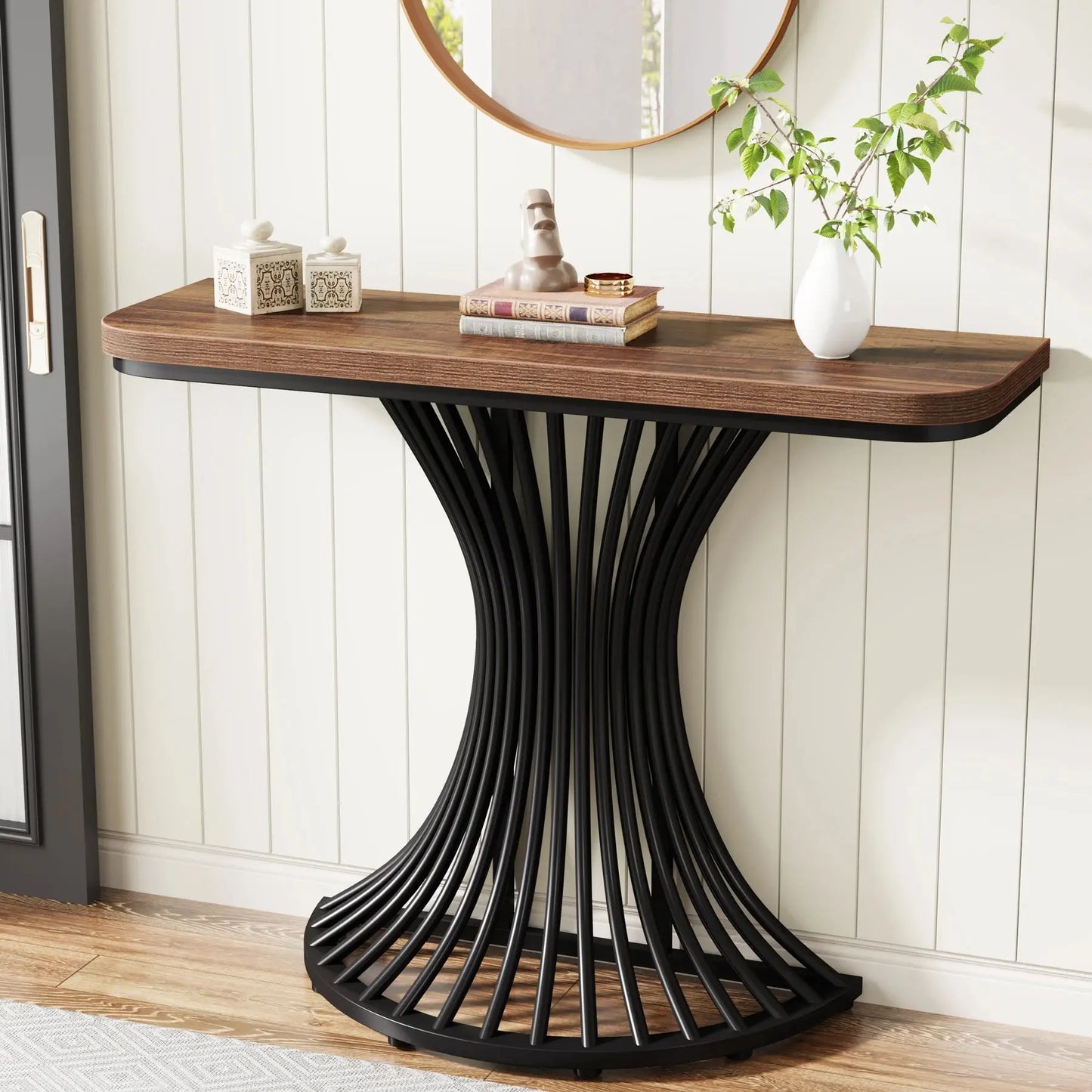 Console Table, Industrial Entryway Table with Geometric Metal Base, 39-Inch Small Sofa Accent Table for Entrance