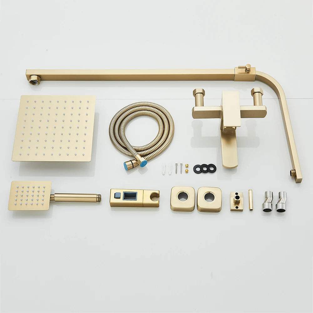 Gold brushed 3-in-1 shower system with rain showerhead, handheld spray, swivel spout, and bathtub faucet components