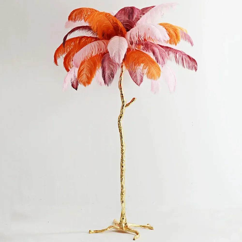 Nordic LED floor lamp with colorful ostrich feathers and gold resin base for living room decor
