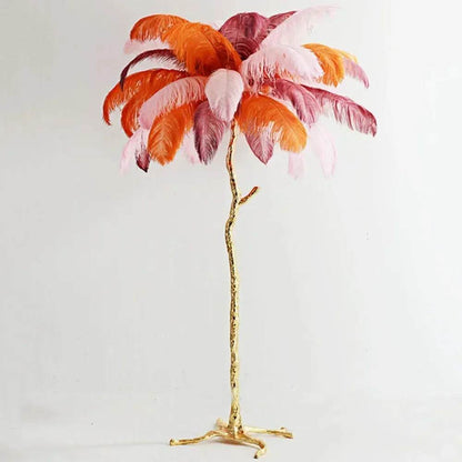 Nordic LED floor lamp with colorful ostrich feathers and gold resin base for living room decor