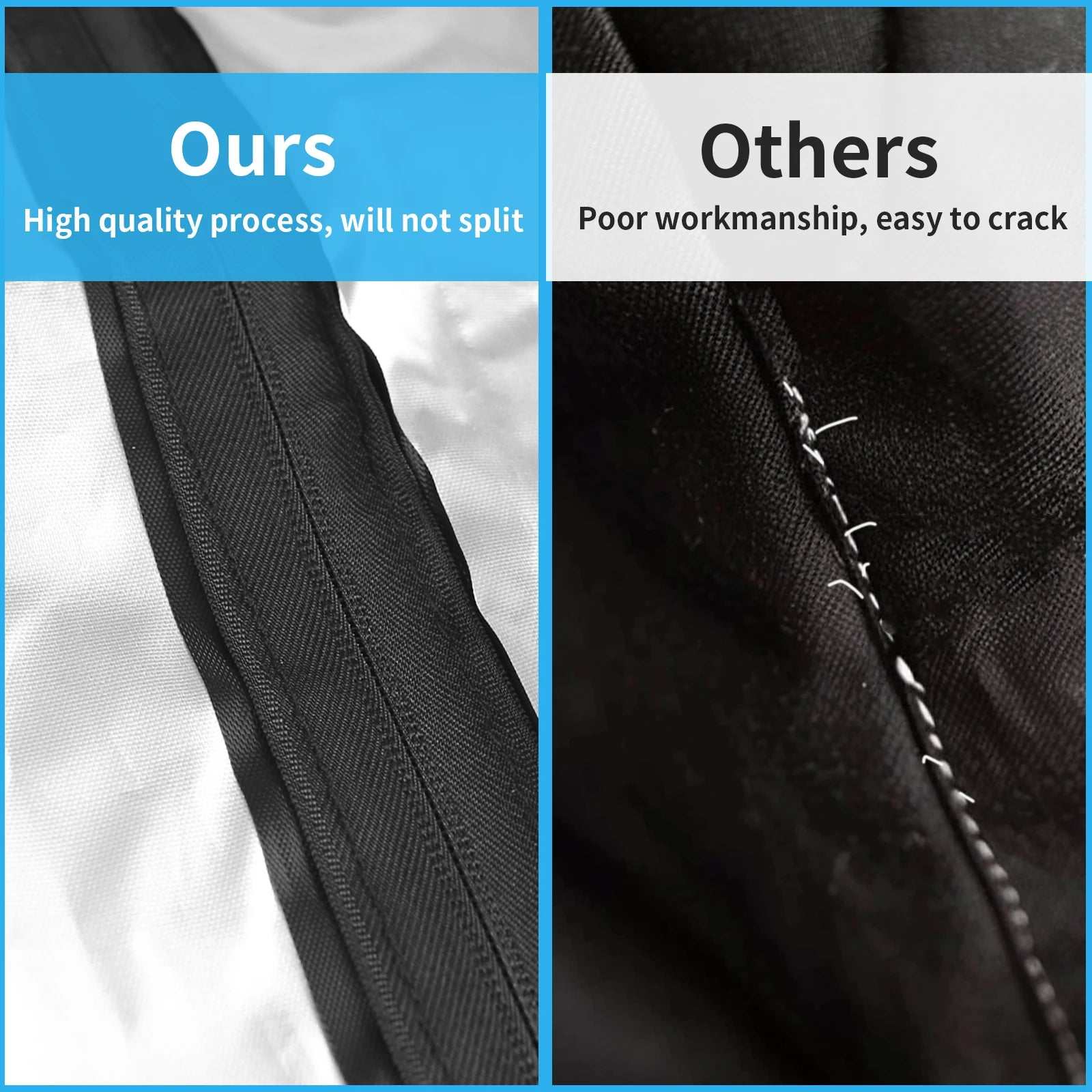 Rotary outdoor umbrella clothes drying rack cover close-up showing durable, waterproof zipper stitching comparison with poor workmanship version