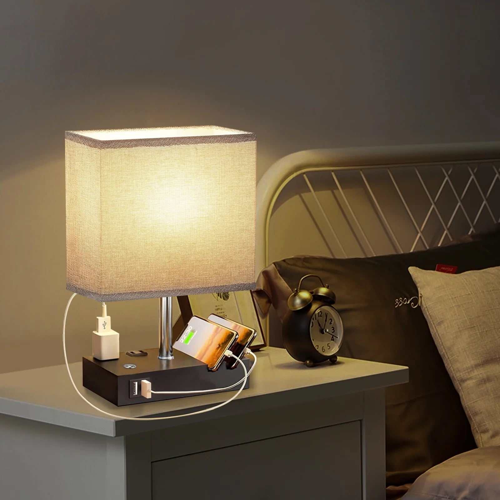 15.7-inch bedside table lamp with beige linen shade, dual USB charging ports, phone stand slots, and warm LED light for bedroom nightstand