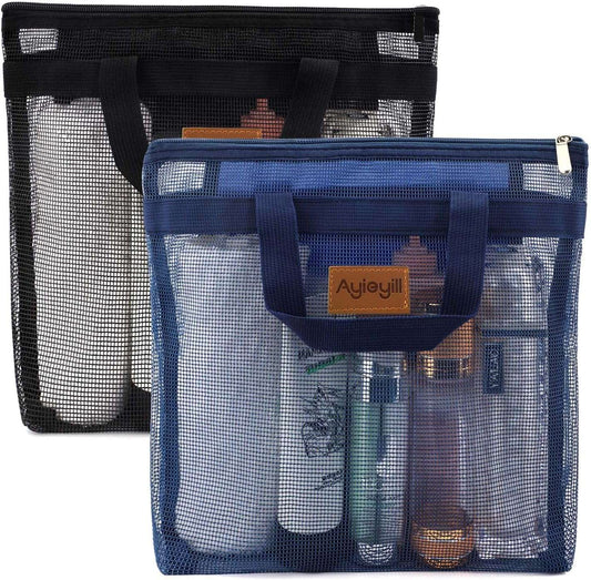 Set of two shower mesh caddy bags in black and blue with dual handles, breathable polyester material, and zipper closure for toiletries storage.