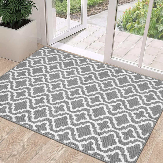 Gray and white geometric patterned non-slip front door mat for indoor and outdoor use
