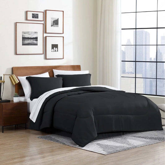 6-piece twin bedding set in black microfiber with comforter, pillow shams, sheets, and bed skirt in modern bedroom setting