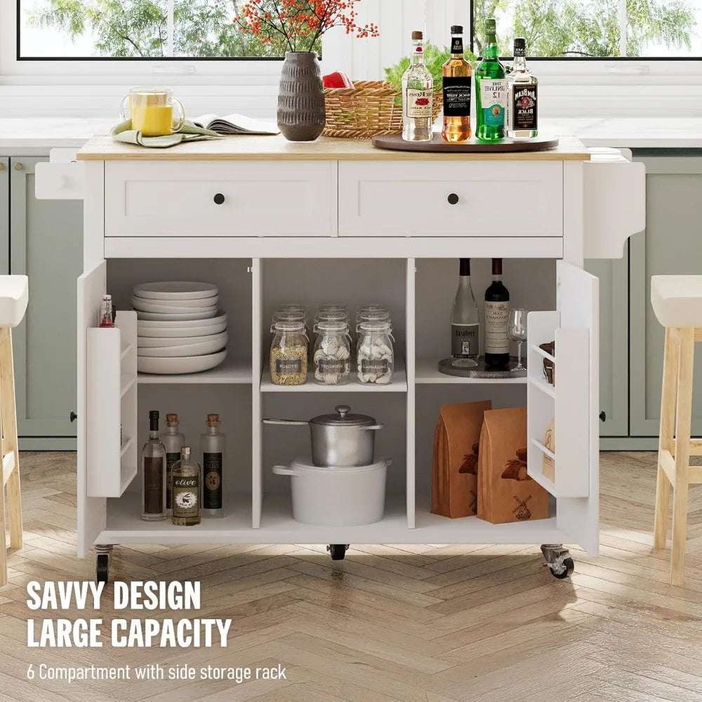White kitchen island with storage compartments, two drawers, drop leaf countertop, and wheels for mobility.