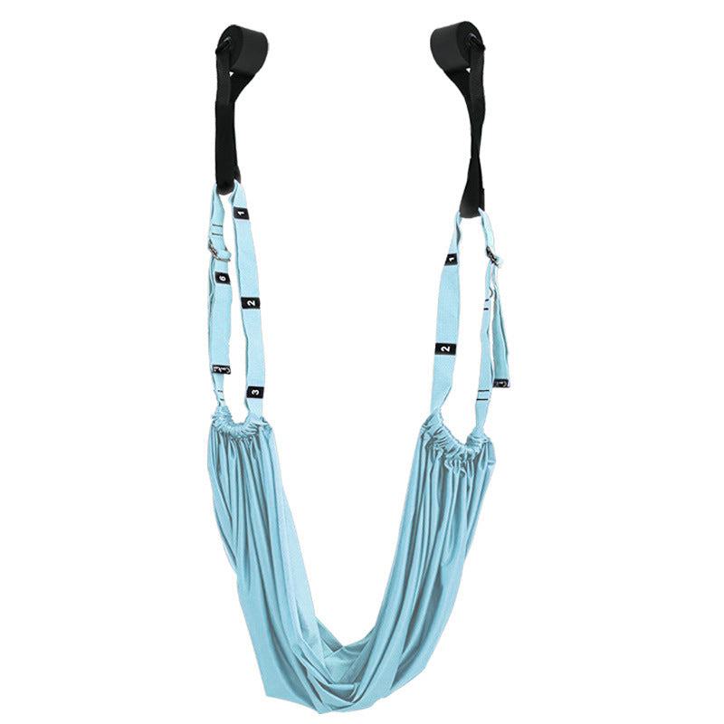Adjustable blue fitness hip stretch yoga belt with black foam door mounts for inversion and lower waist training