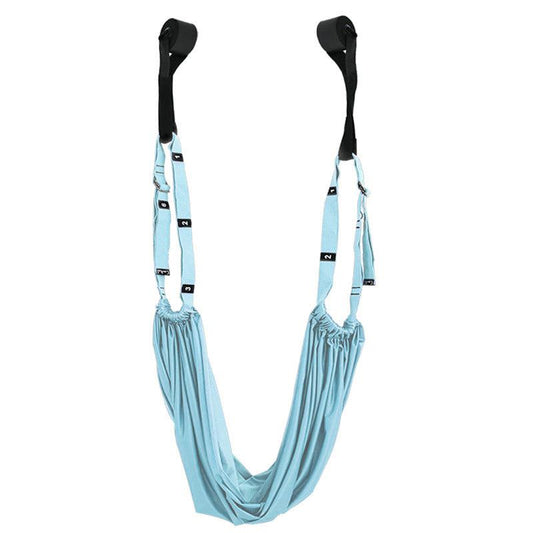 Adjustable blue fitness hip stretch yoga belt with black foam door mounts for inversion and lower waist training