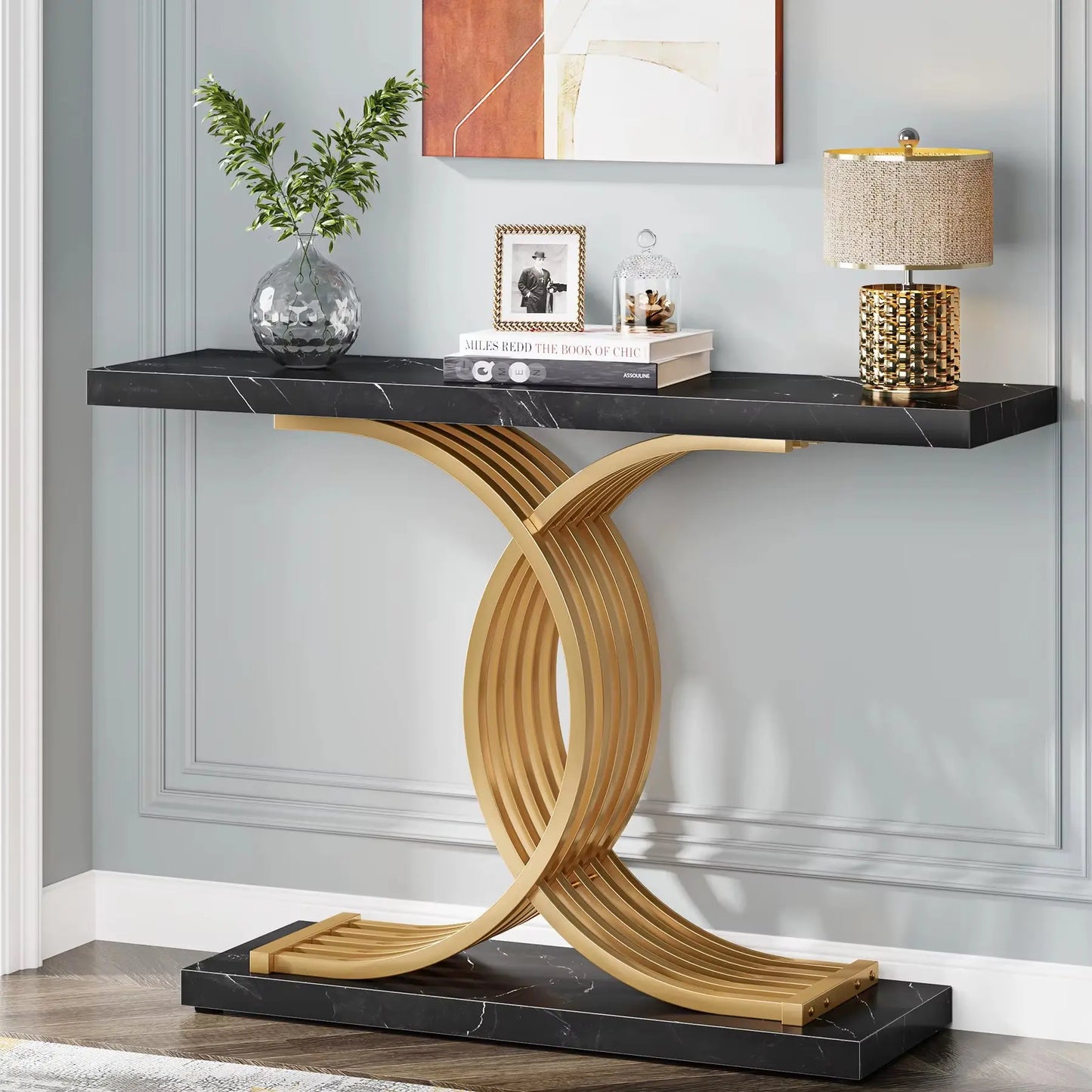 Gold Entryway Table, Modern 39-Inch Console Faux Marble Narrow Wood Sofa with Geometric Metal Legs