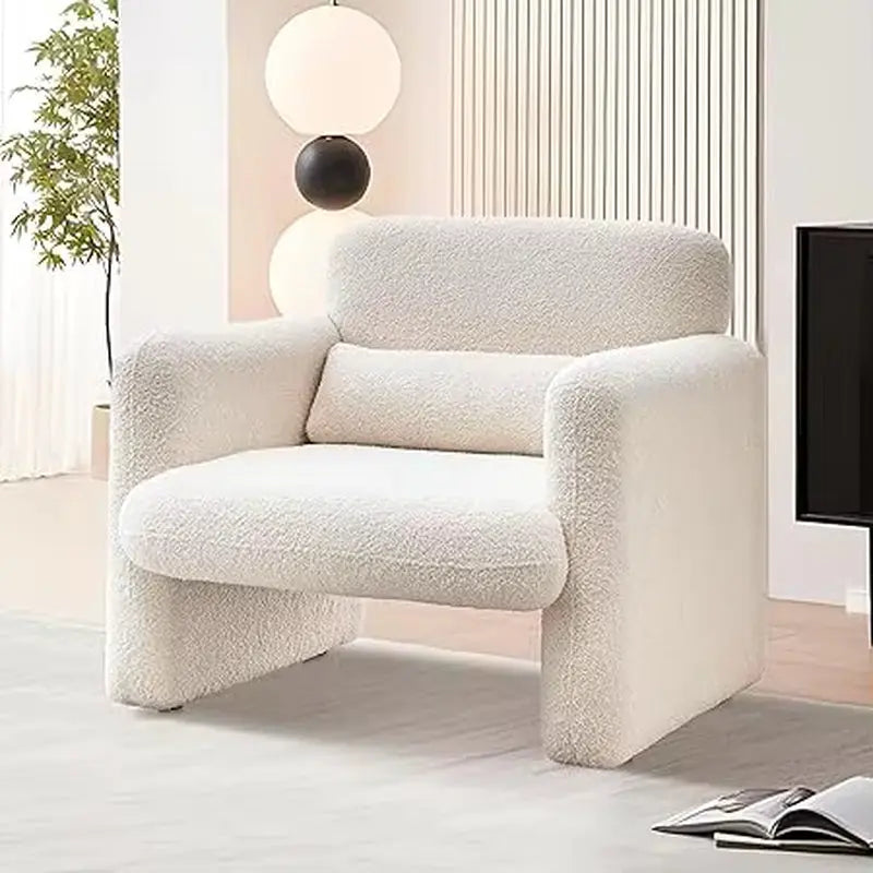 Modern Accent Single Sofa Chair with Arms, Lamb Fabric Upholstered Comfy Reading Arm Chair for Bedroom, Living Room-Beige