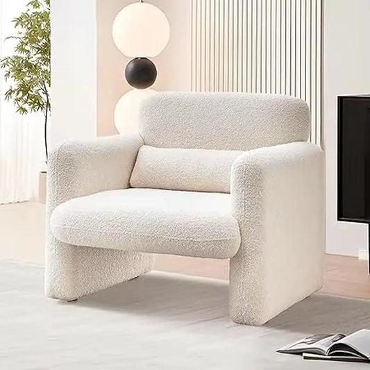 Modern Accent Single Sofa Chair with Arms, Lamb Fabric Upholstered Comfy Reading Arm Chair for Bedroom, Living Room-Beige