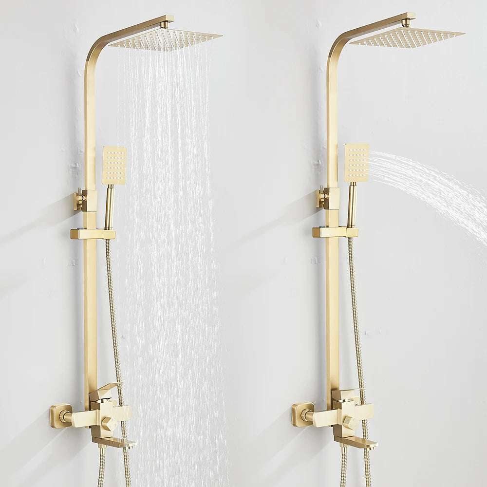 Gold brushed shower system with rain shower head and handheld spray faucet