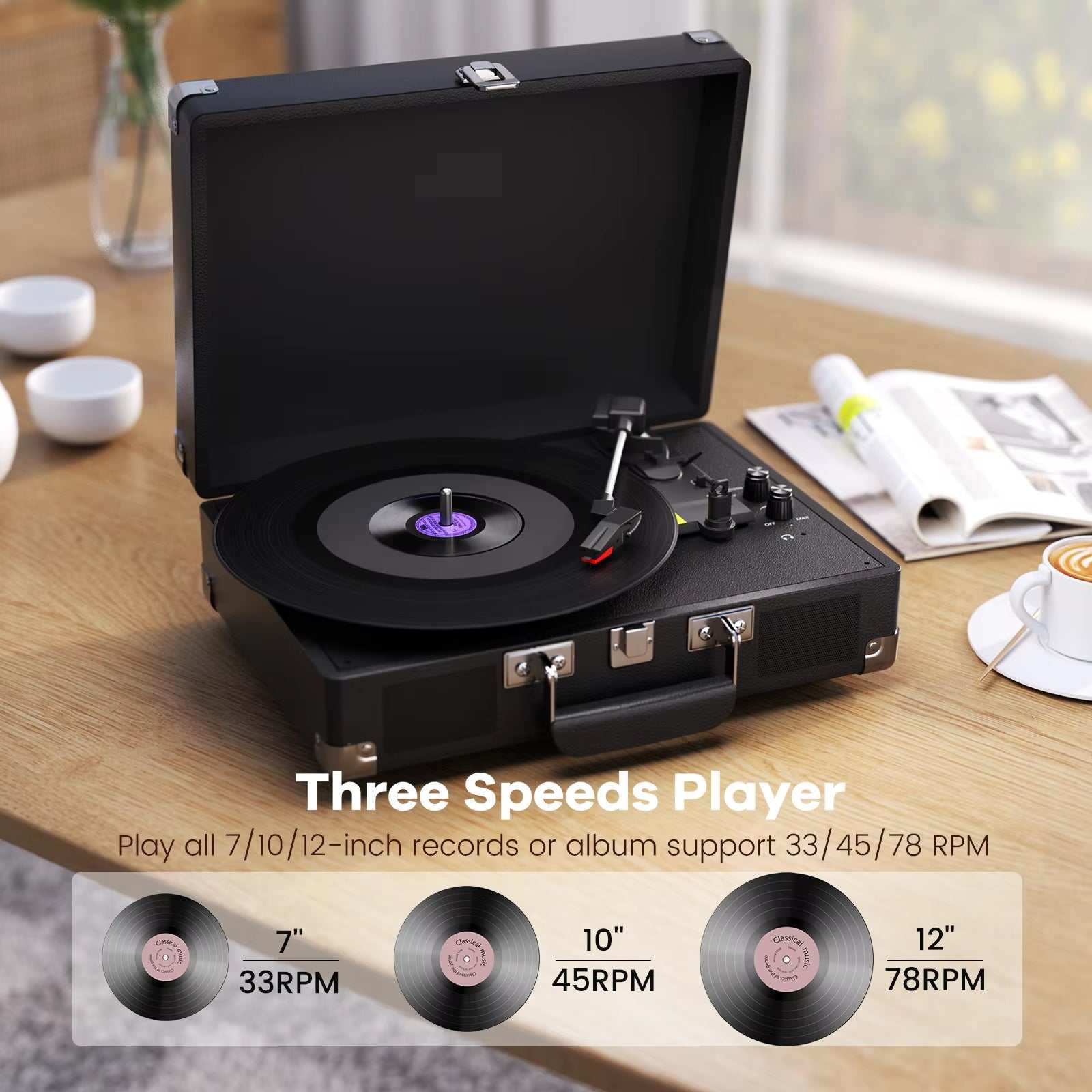 Vintage Gramophone Turntable with 3-speed belt-driven player, built-in speakers, Bluetooth, and suitcase design